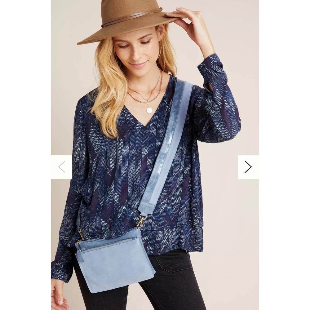 Cloth & Stone Anthropologie Blue Boho Tiered Blouse‎ Rayon Top L